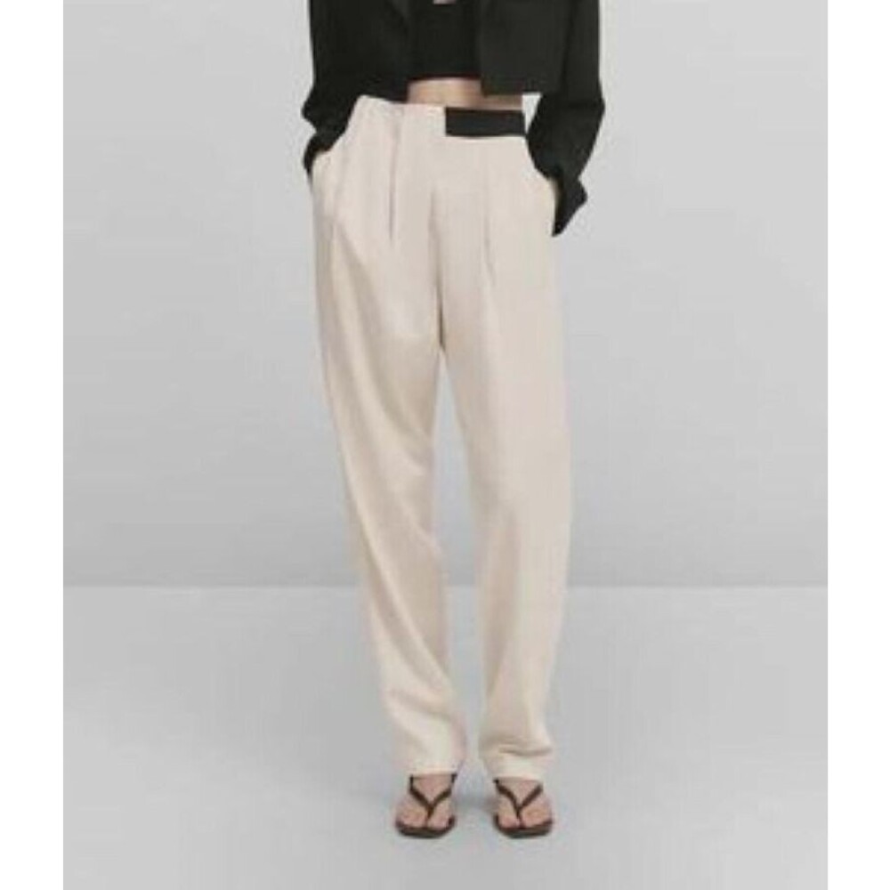 Massimo Dutti Studio Pants Womens 4 Cream Black Contrast Tuxedo Trousers NWT - Picture 2 of 16